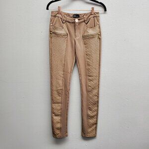 Marezzi Pants Womens Small Brown Quilted Moto Skinny Stretch Gold Zip Casual